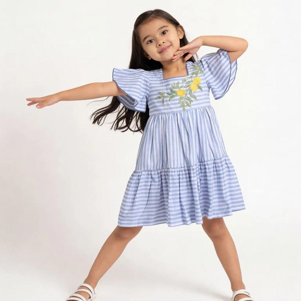 Utsa Kids Girls Blue Embroidered Tiered Cotton Dress - (2-8 yrs)