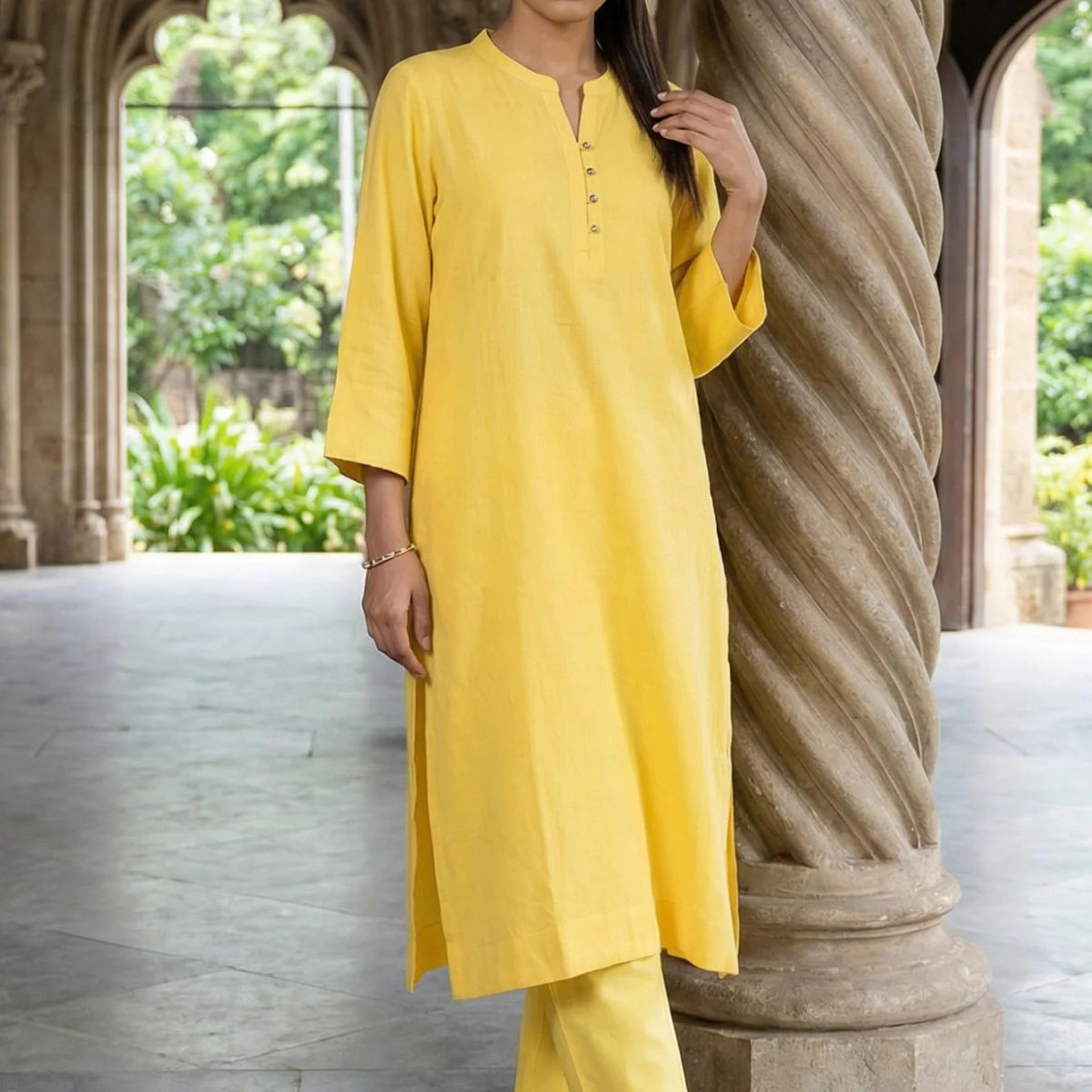 Yellow Solid Rayon Flax Straight Kurta
