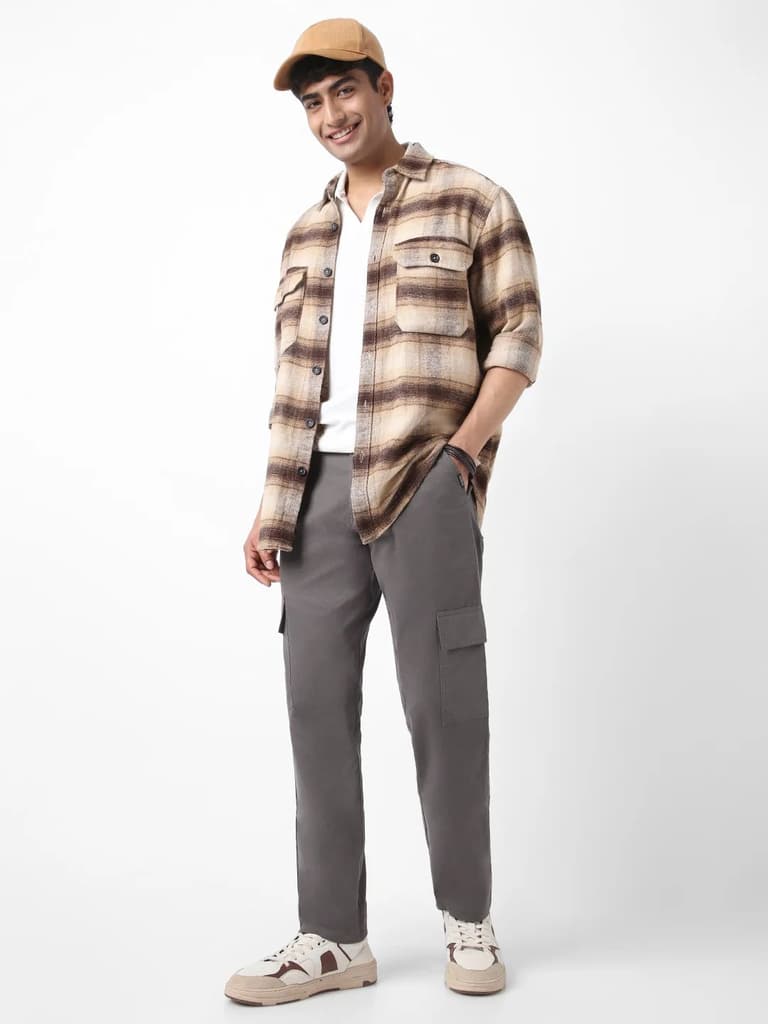 Men's Dark Grey Regular Fit Solid Cargo Chino Pant with 6 Pockets Stretchable — photo 4
