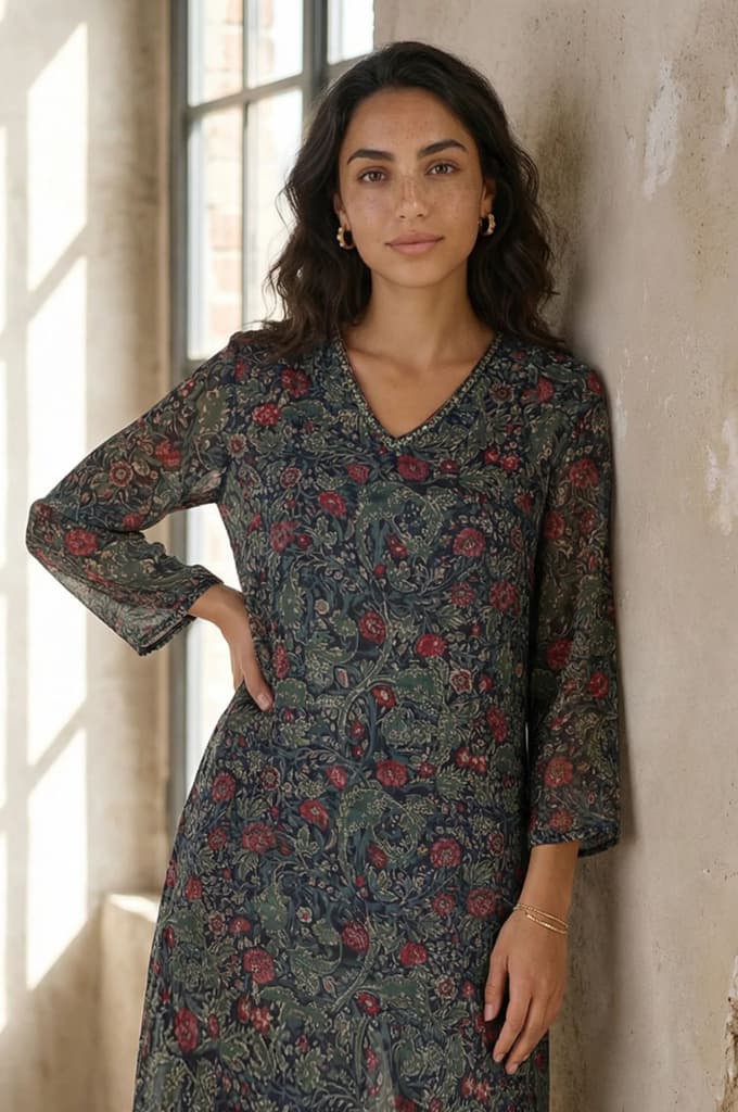 Black Floral Printed Sequins Chiffon Straight Kurta — photo 3
