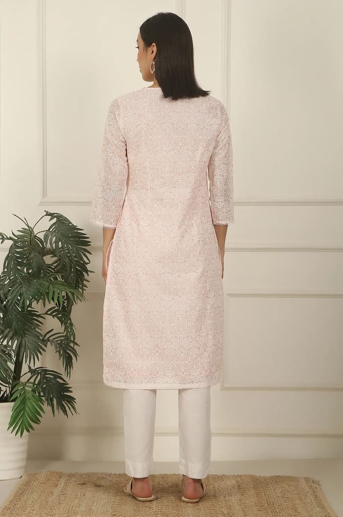 Pastel Pink Khadi Printed Kota Straight Kurta — photo 6