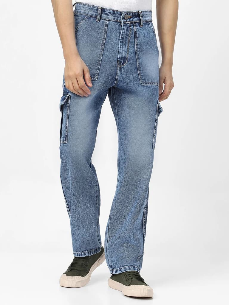 Men's Light Blue Loose Fit Cargo Jeans With 6 Pockets Non Stretchable — 28 / Light Blue