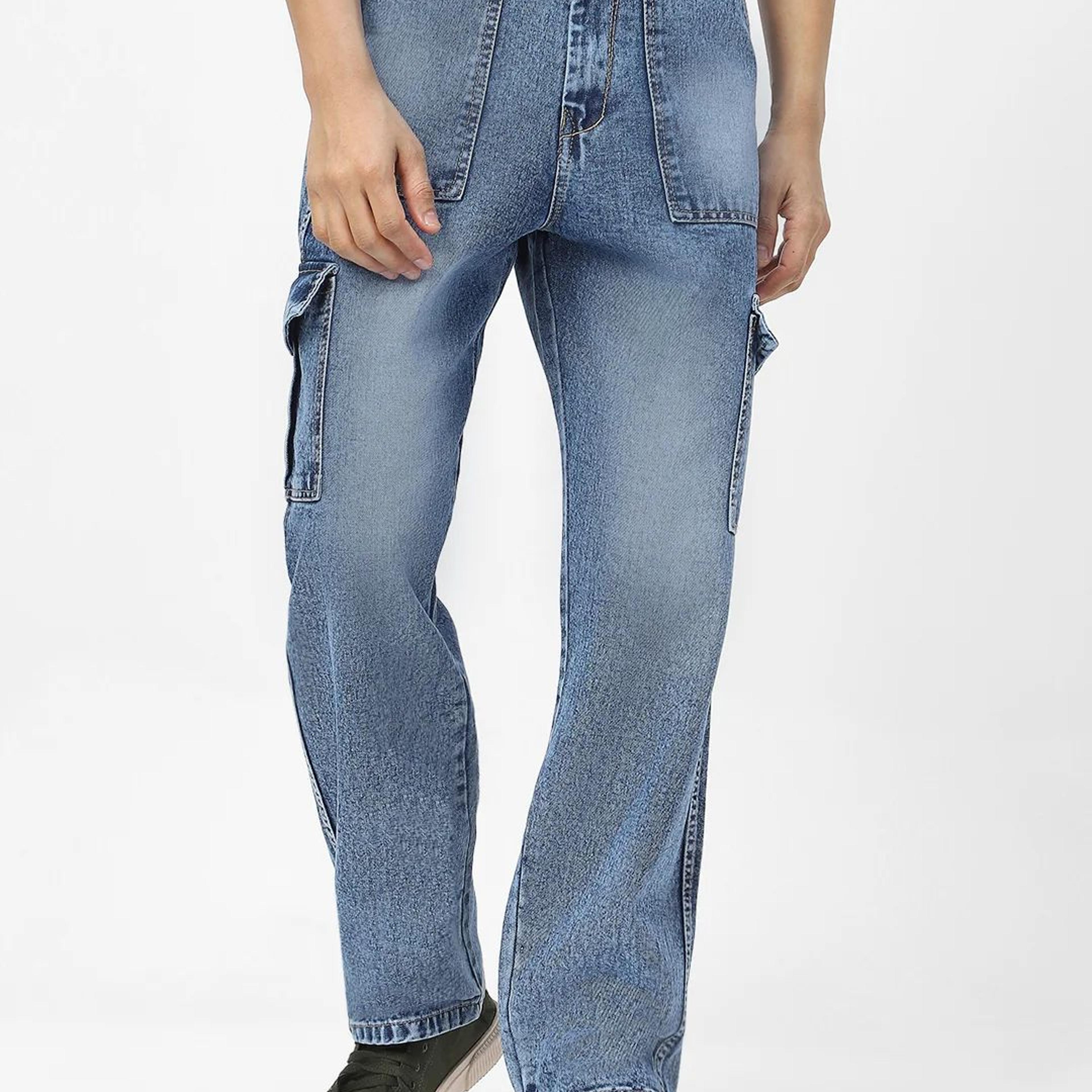 Men's Light Blue Loose Fit Cargo Jeans With 6 Pockets Non Stretchable