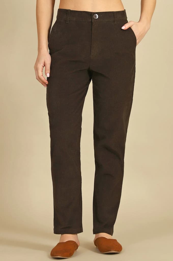 Dark Brown Solid Straight-fit Cotton Pants with YKK Zipper — photo 2