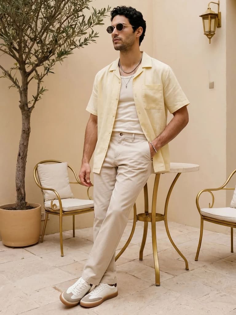 Men's Tender Yellow Linen Half Sleeve Oversized Fit Shirt with Cuban Collar — photo 4