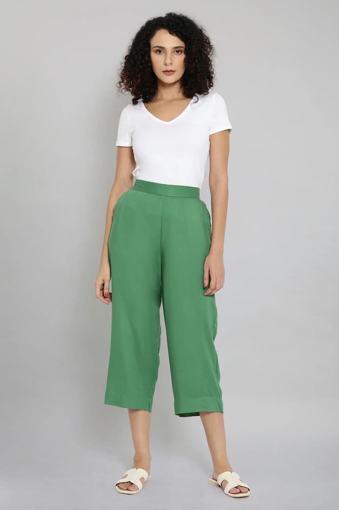 Muted Sage Green Solid Straight Fit Cotton Culottes With Elasticated Waist — photo 5