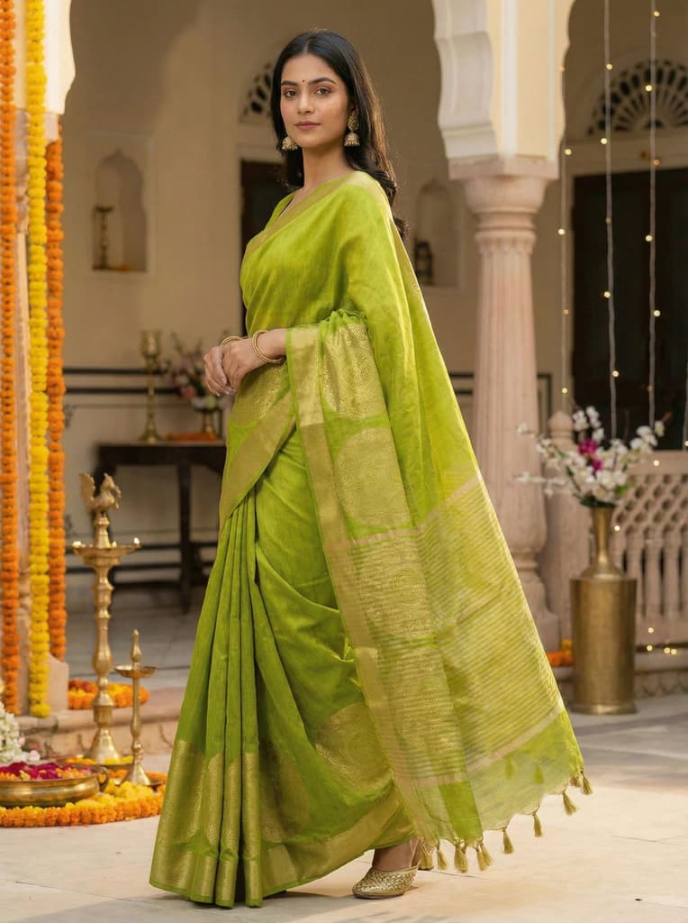 MIMOSA Women's Woven Design Kanjivaram Style Art Silk Saree with Blouse Piece - Olive ( SA00003148OLFREE ) — photo 3