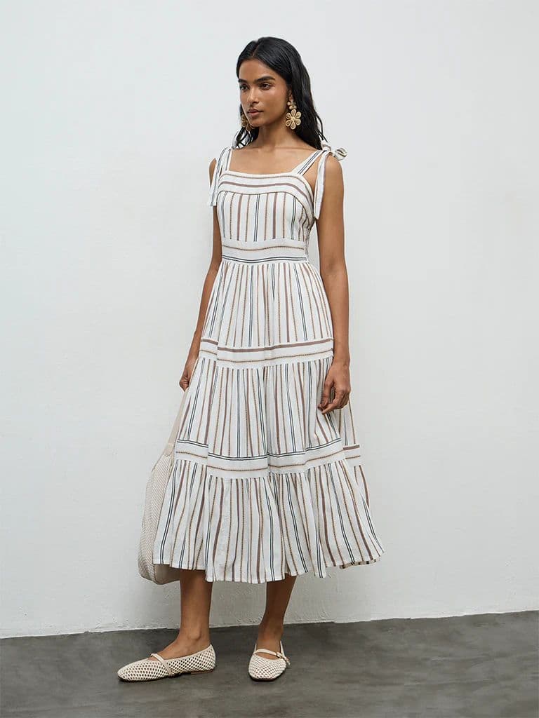 LOV Off-White Striped Cotton-Blend Tiered Dress