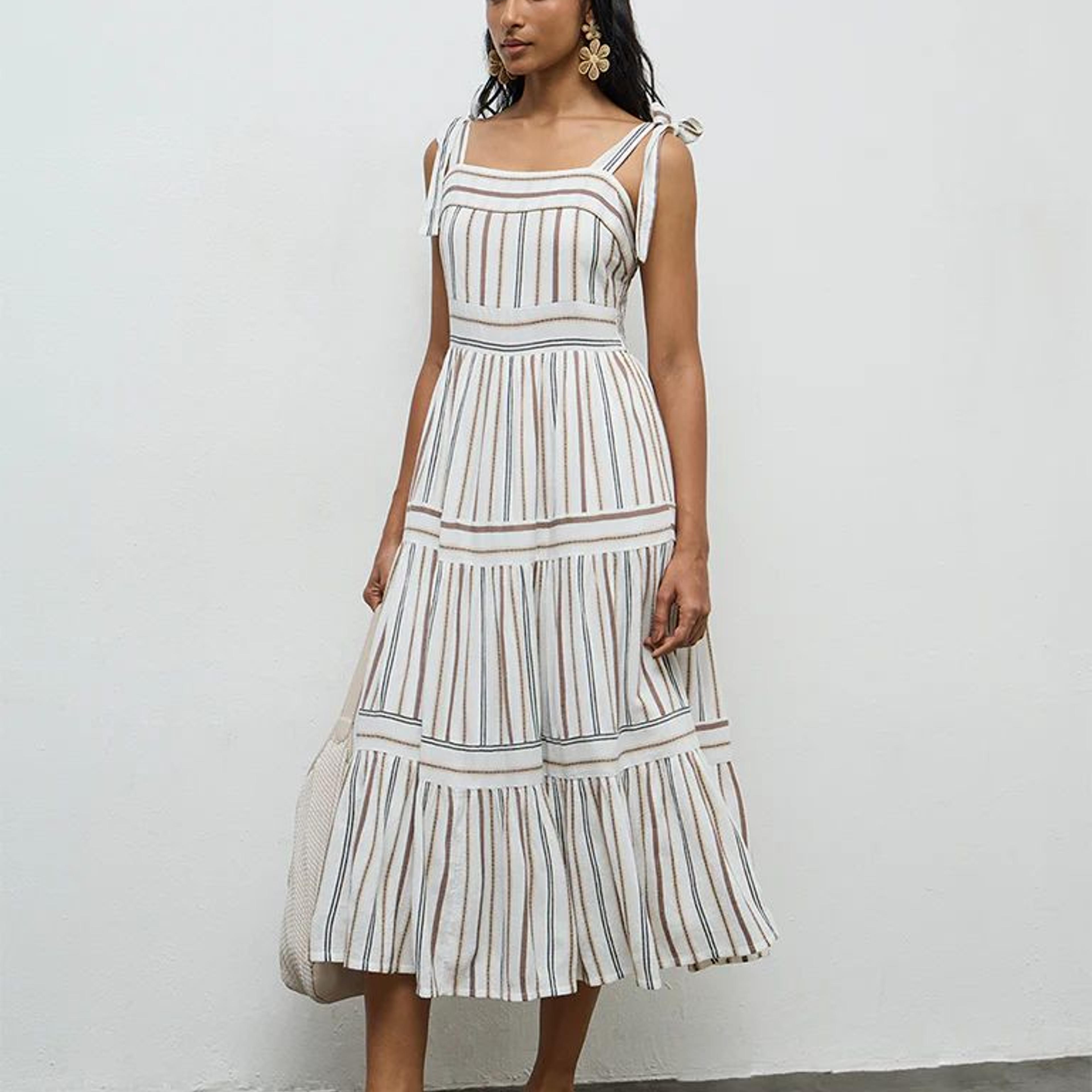 LOV Off-White Striped Cotton-Blend Tiered Dress