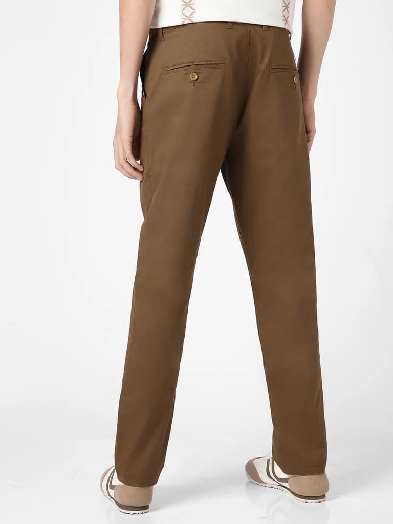 Men's Brown Cotton Regular Fit Casual Chinos Trousers Stretch — photo 3