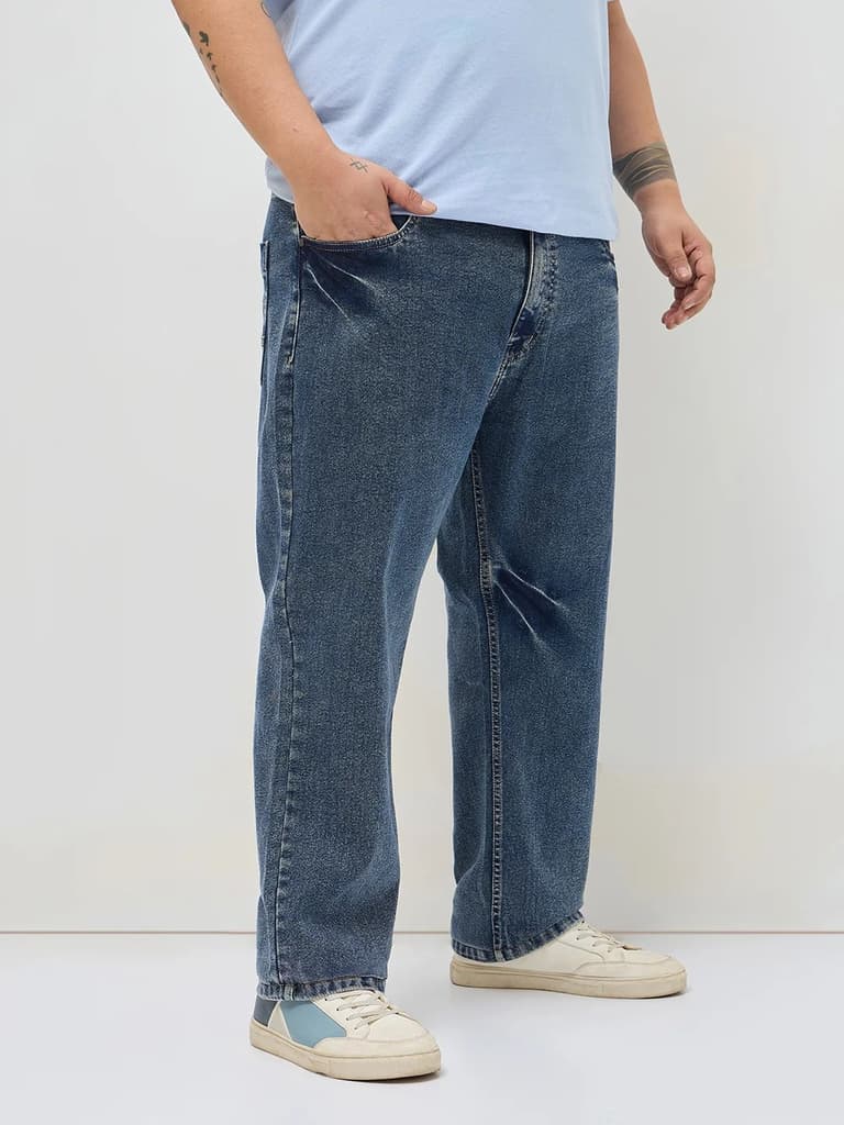 Plus Men's Light Blue Regular Fit Acid Washed Denim Jeans Stretchable — photo 2