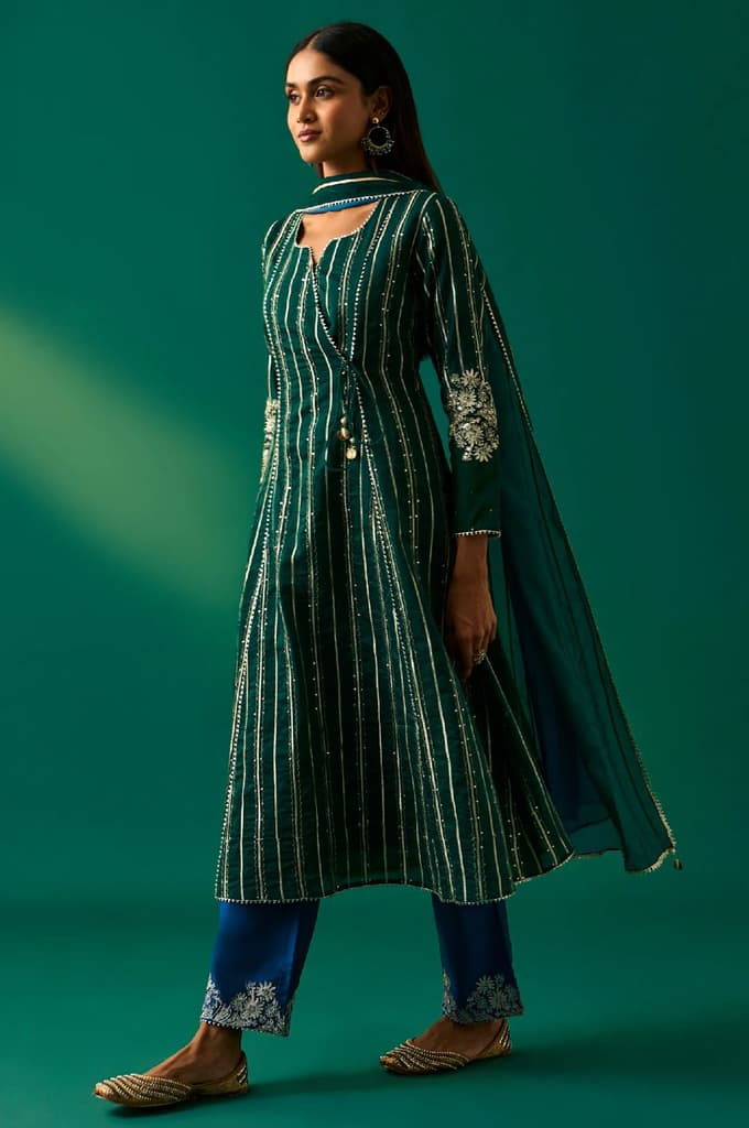 Green Striped Embroidered Angrakha Rayon Kurta with Trouser and Dupatta Set — photo 3