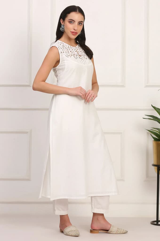 White Solid Embroidered Straight Pure Cotton Kurta, Straight Pant and Dupatta Set — photo 6