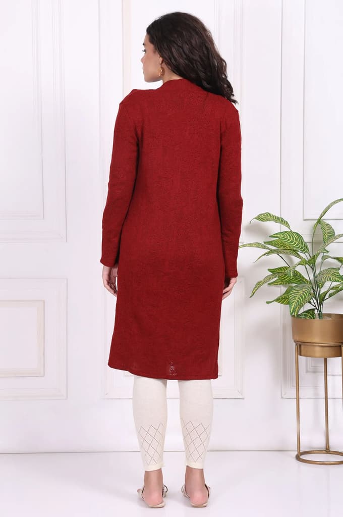 Red Solid Straight Knitting Cardigan — photo 5