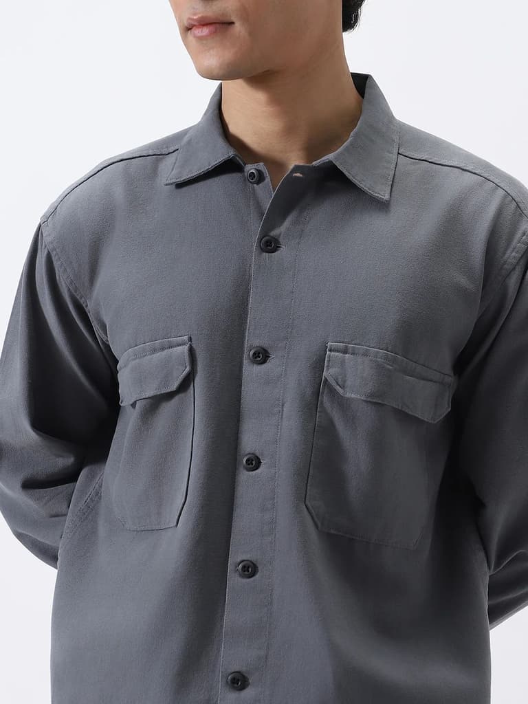 Men's Grey Cotton Full Sleeve Relaxed Fit Shacket with Utility Pockets — photo 6