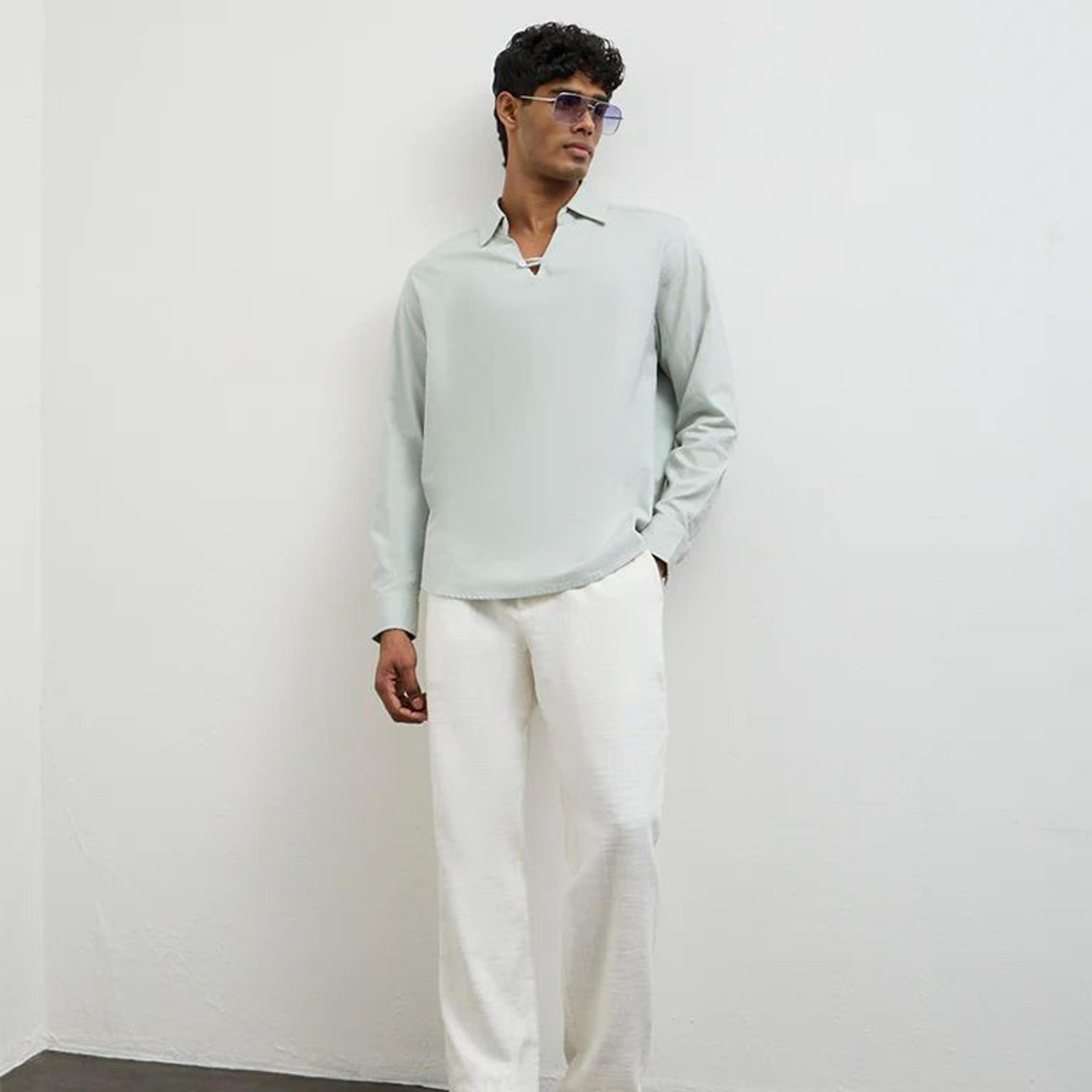 ETA Light Teal Relaxed-Fit Cotton-Blend Shirt