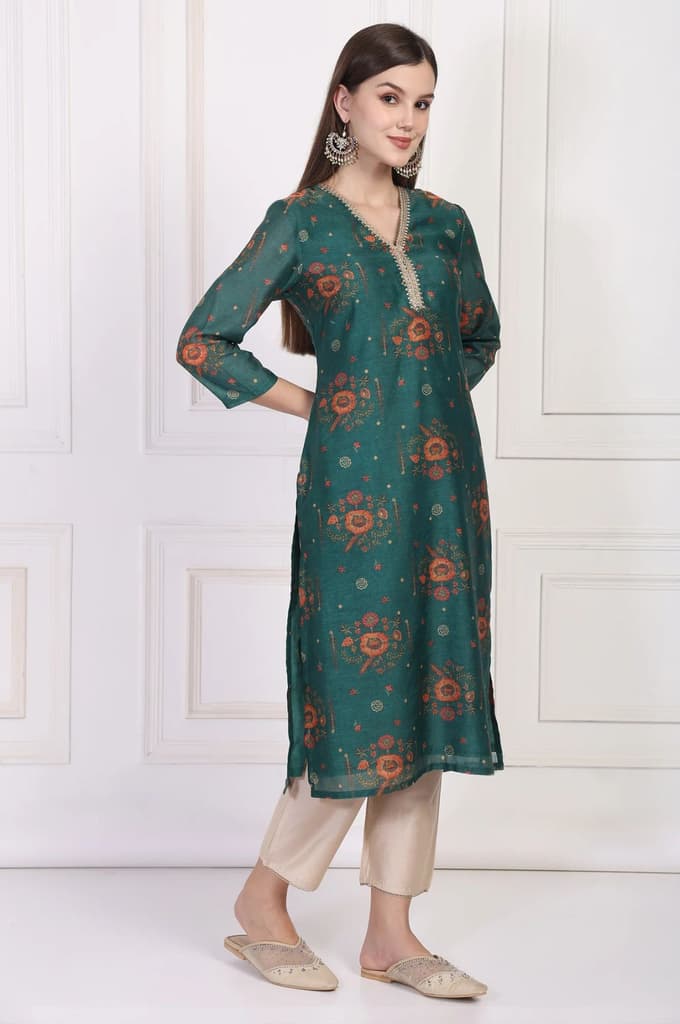 Teal Floral Printed Embellished Straight Silk Kurta — photo 6