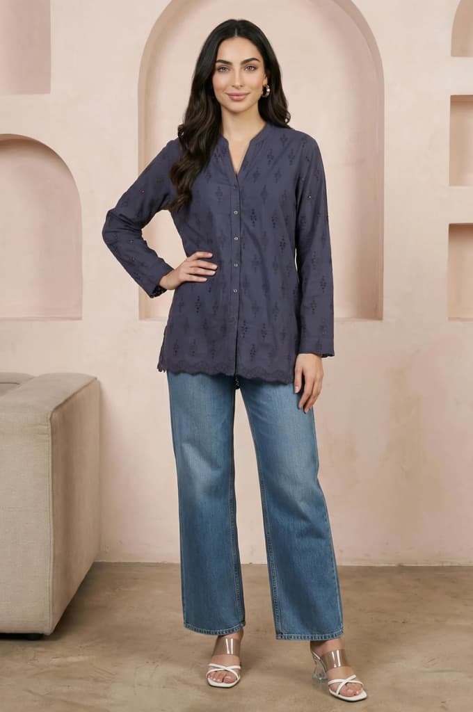 Navy Blue Schiffli Pure Cotton Straight Shirt — photo 3