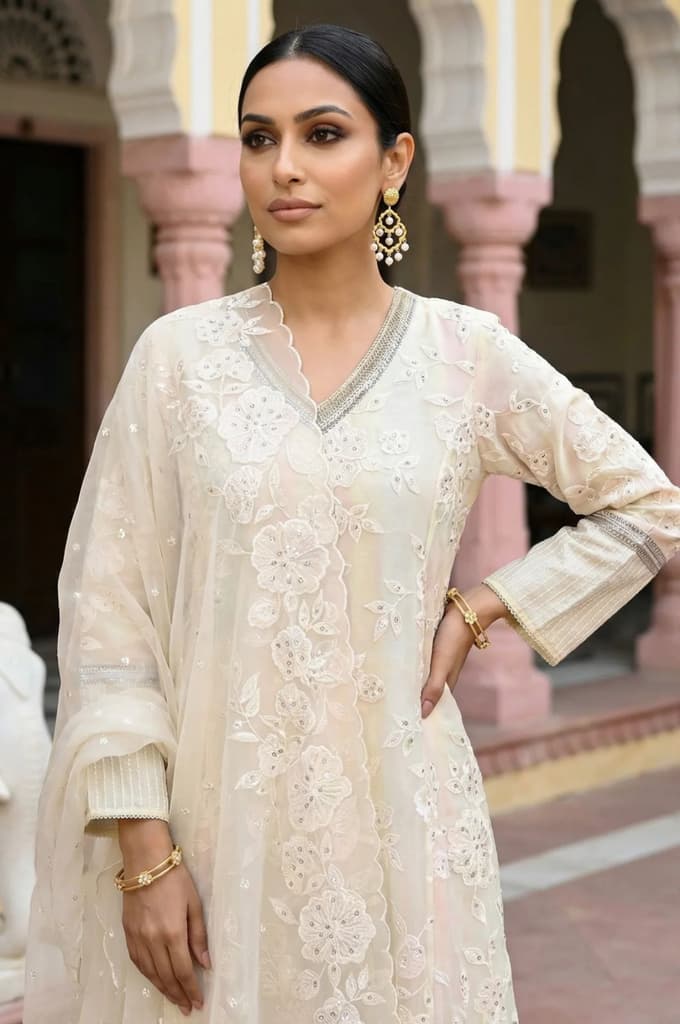 Powder Yellow Sequins Embroidered Straight Georgette Kurta with Straight Pants and Dupatta Set — photo 3