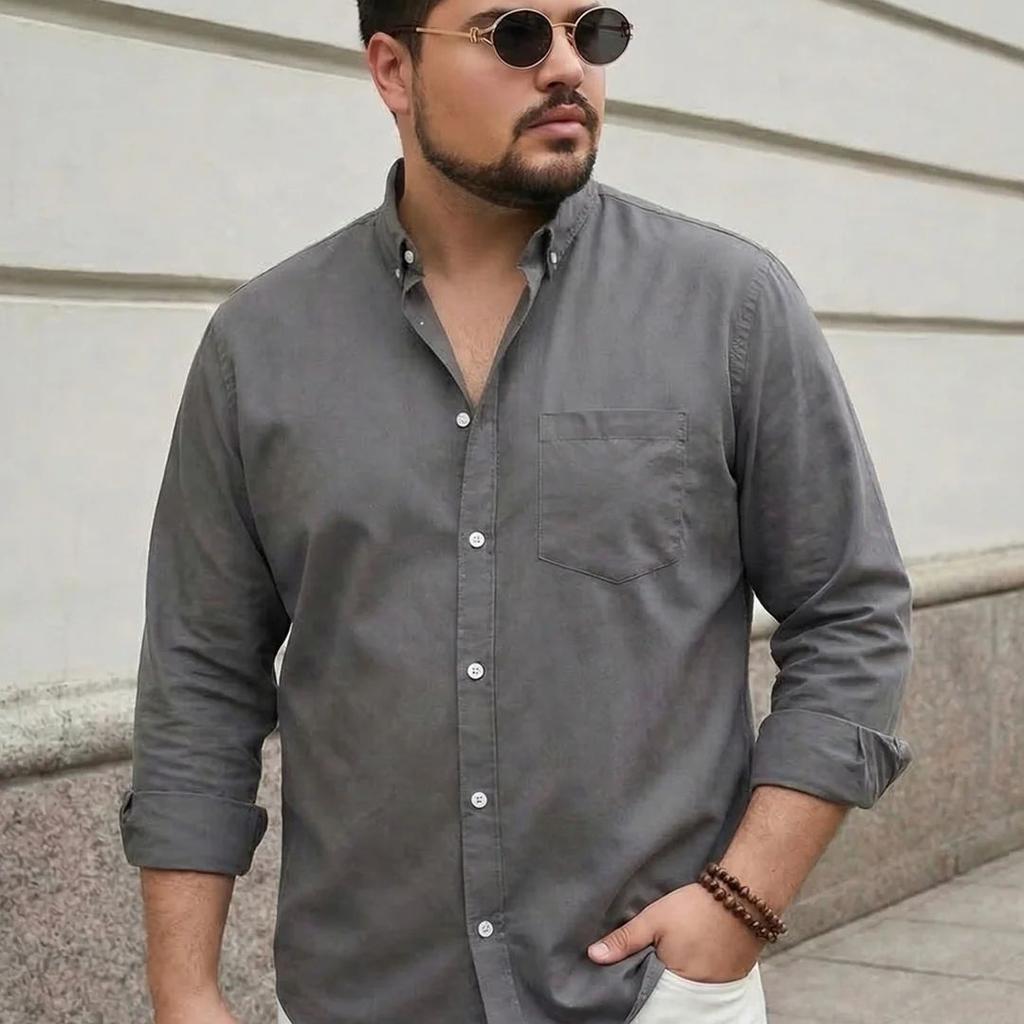 Plus Men's Grey Cotton Full Sleeve Regular Fit Solid Oxford Shirt With Button-Down Collar
