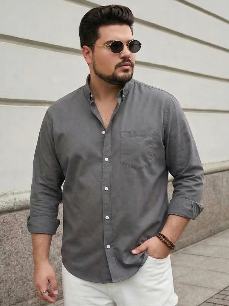 Plus Men's Grey Cotton Full Sleeve Regular Fit Solid Oxford Shirt With Button-Down Collar — 2XL / Grey