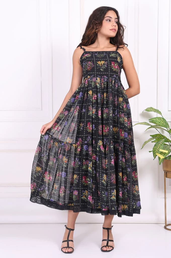 Black Floral Printed Embroidered Fit and Flare Georgette Dress with Waist Coat Set — photo 6