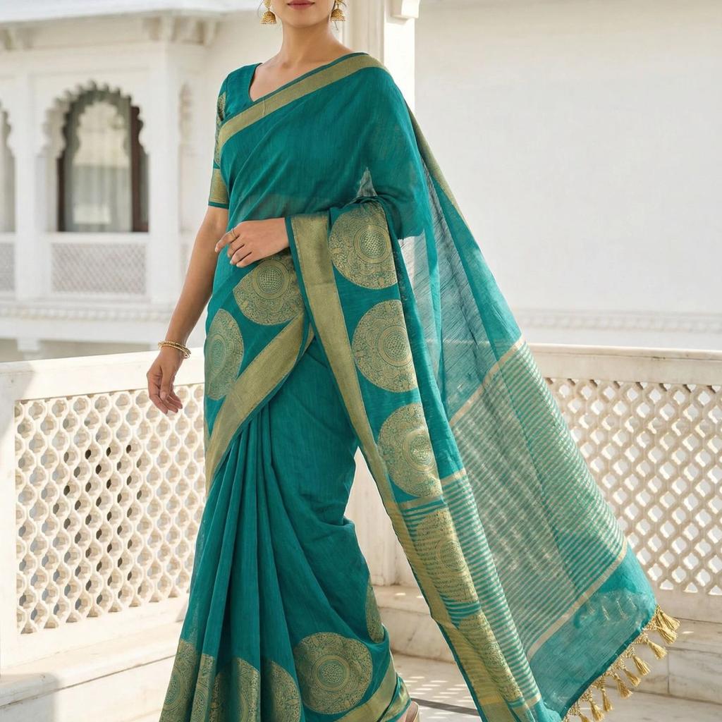 MIMOSA Women's Woven Design Kanjivaram Style Art Silk Saree with Blouse Piece - Rama ( SA00003148RMFREE )