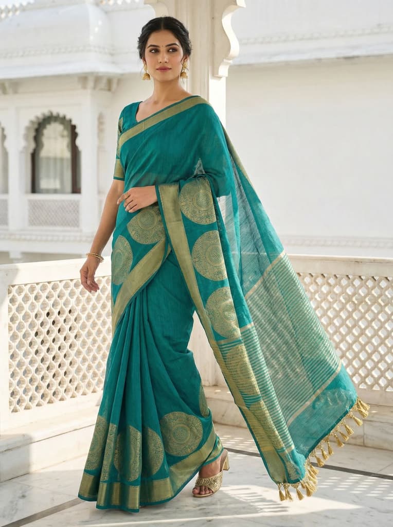 MIMOSA Women's Woven Design Kanjivaram Style Art Silk Saree with Blouse Piece - Rama ( SA00003148RMFREE )