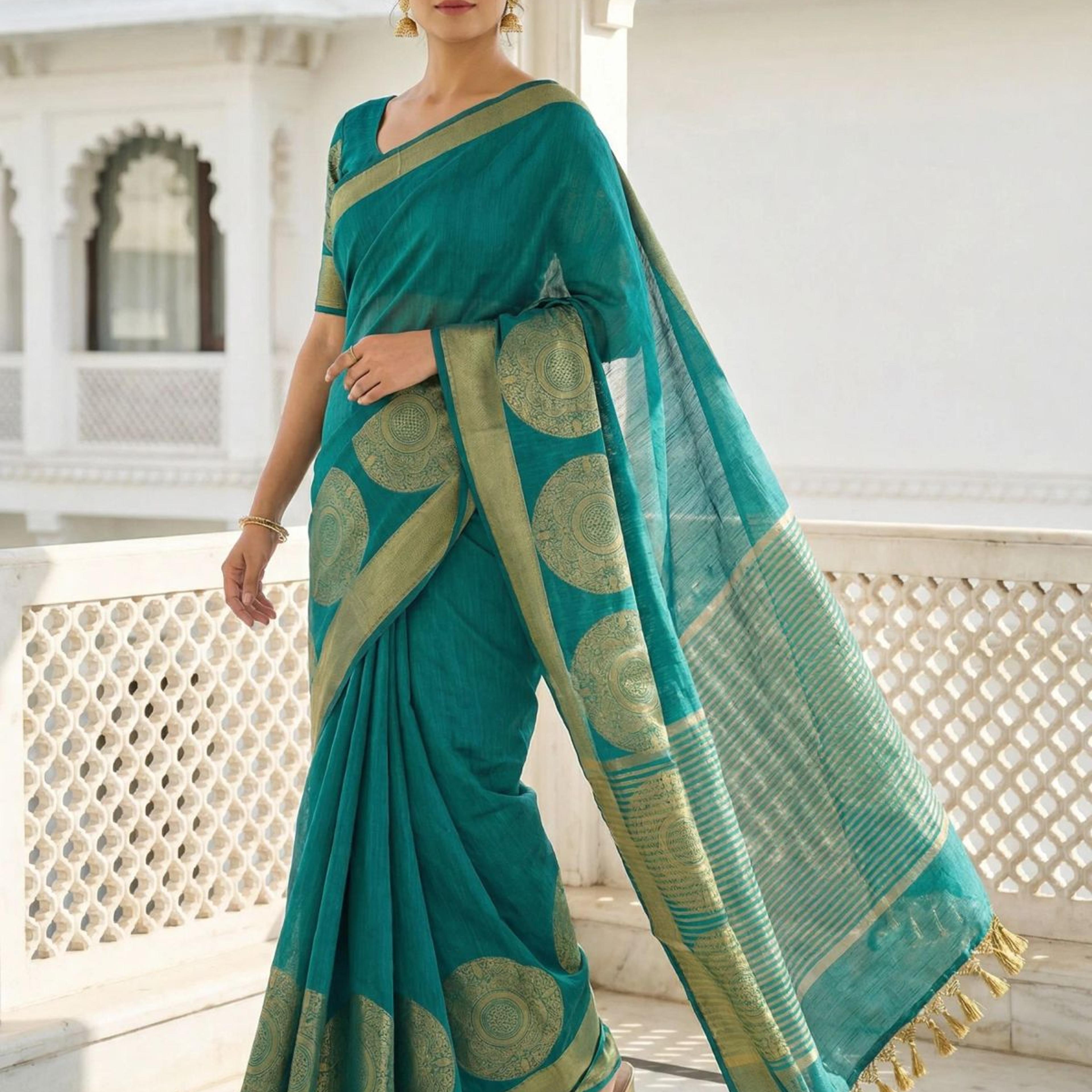 MIMOSA Women's Woven Design Kanjivaram Style Art Silk Saree with Blouse Piece - Rama ( SA00003148RMFREE )