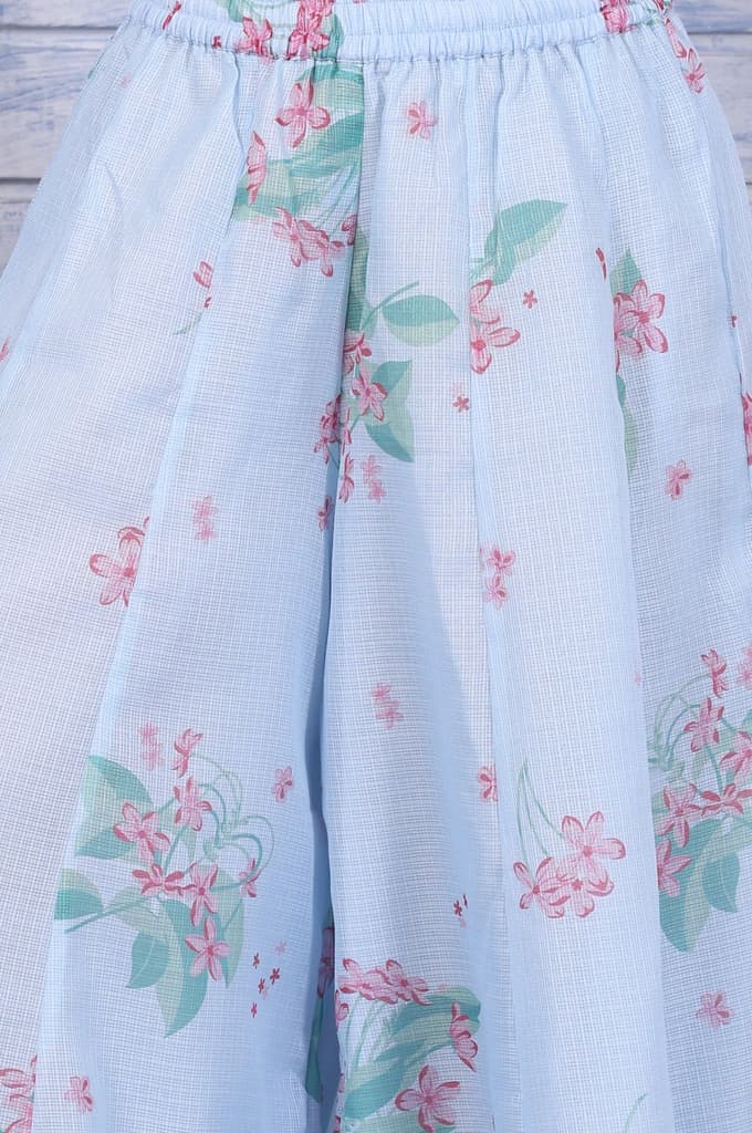 Blue Floral Printed Thread Embroidered Kota Flared Kurta, Flared Pant And Dupatta Set — photo 7
