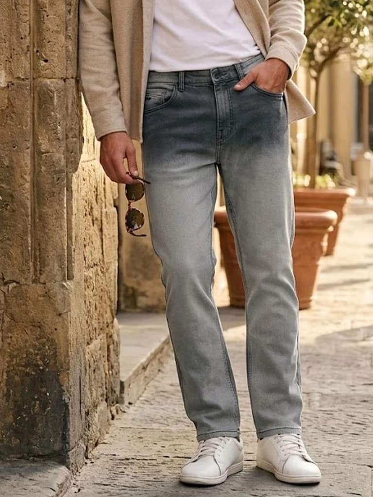 Men's Dark Grey Straight Fit Heavy Washed Faded Denim Jeans Stretchable — 28 / Dark Grey