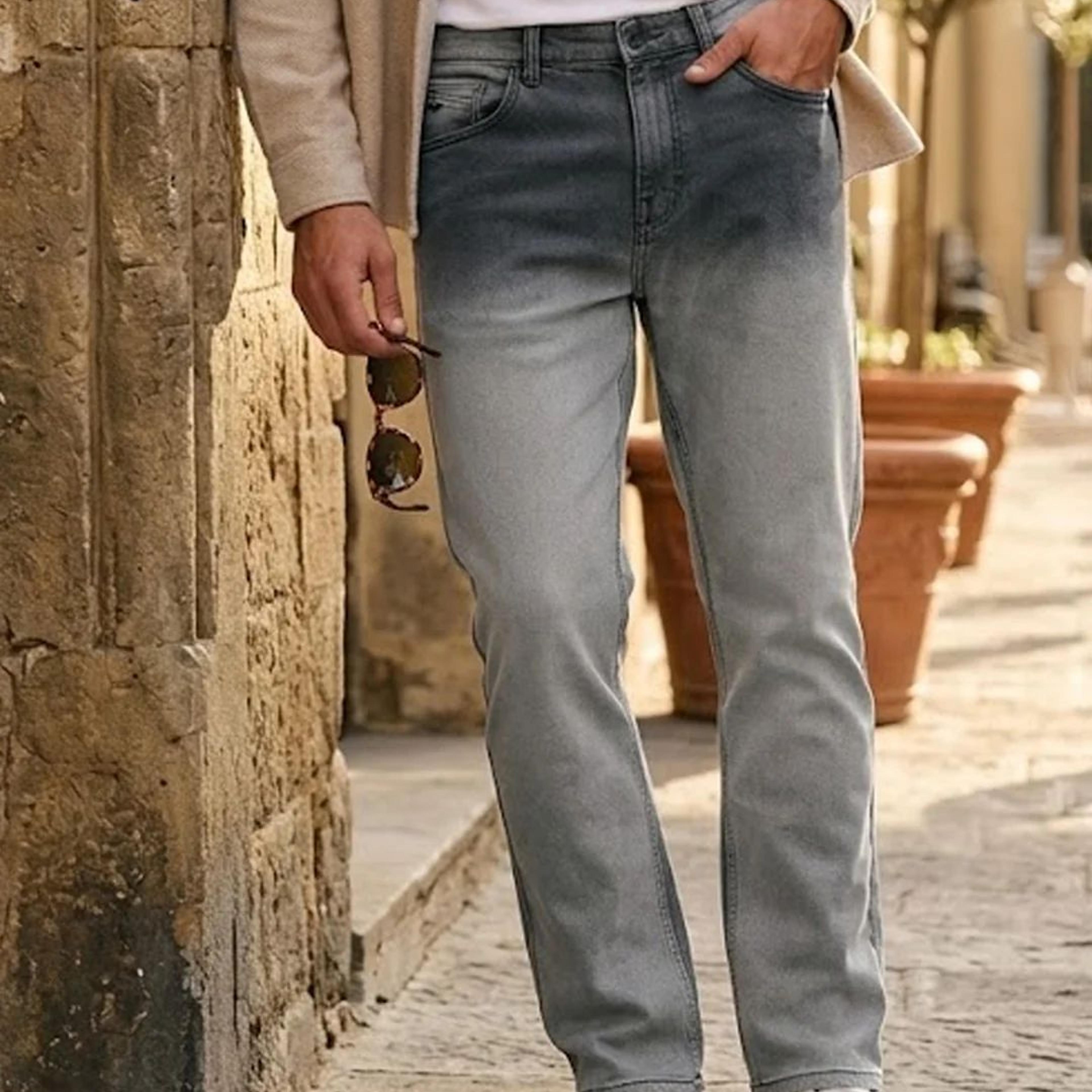 Men's Dark Grey Straight Fit Heavy Washed Faded Denim Jeans Stretchable