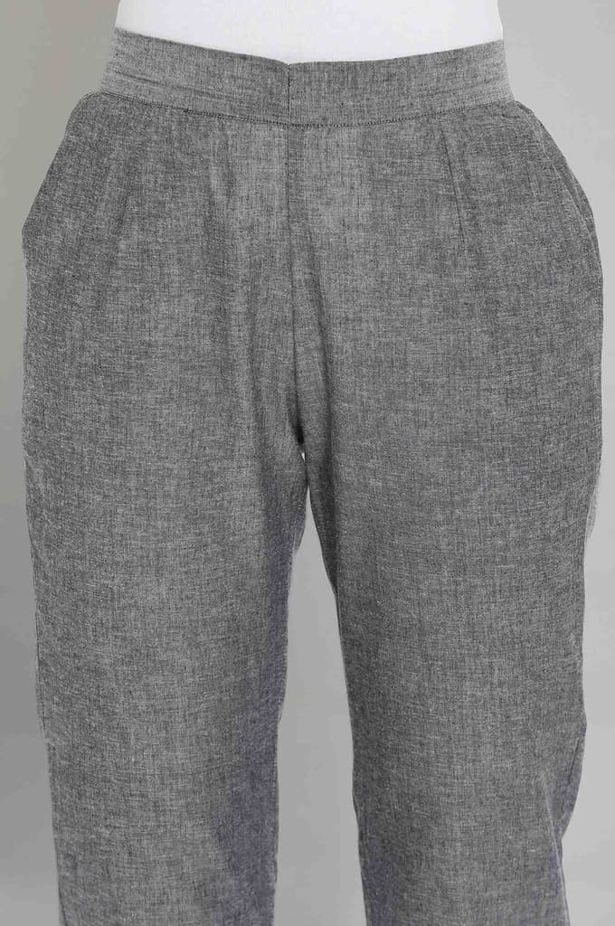 Grey Solid Straight Fit Cotton Trousers With Elasticated Waistband — photo 6