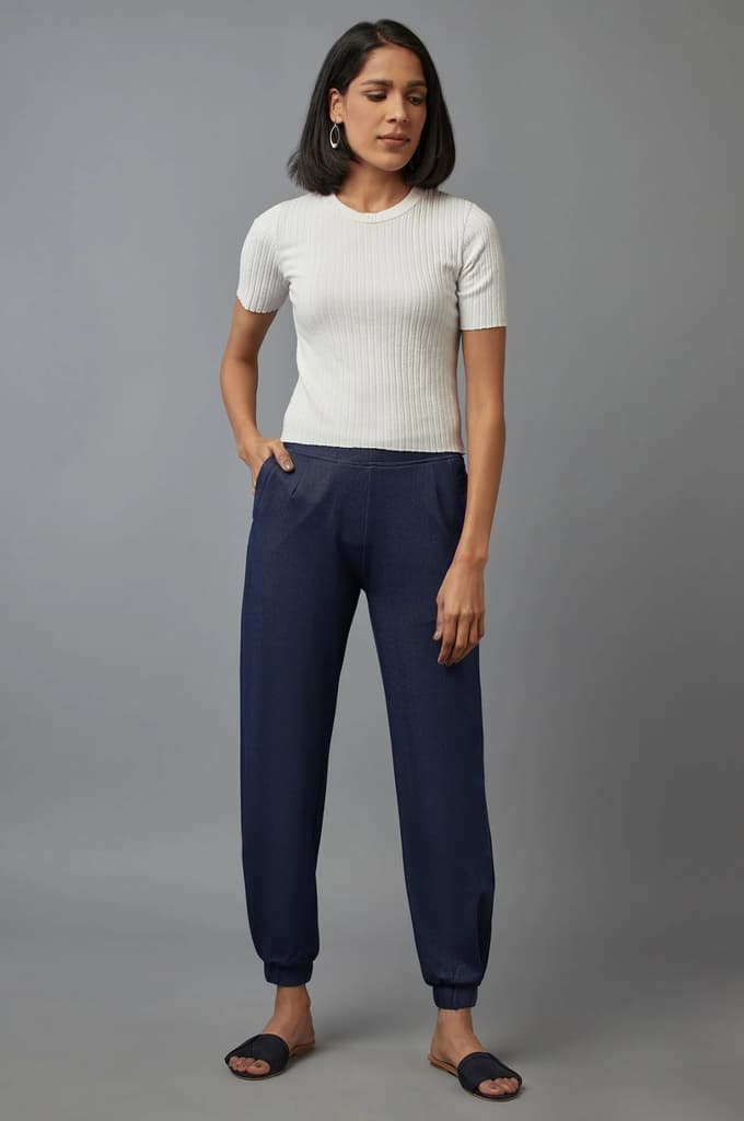 Navy Blue Solid Tapered Cotton Pants With Pleated Detail — photo 5