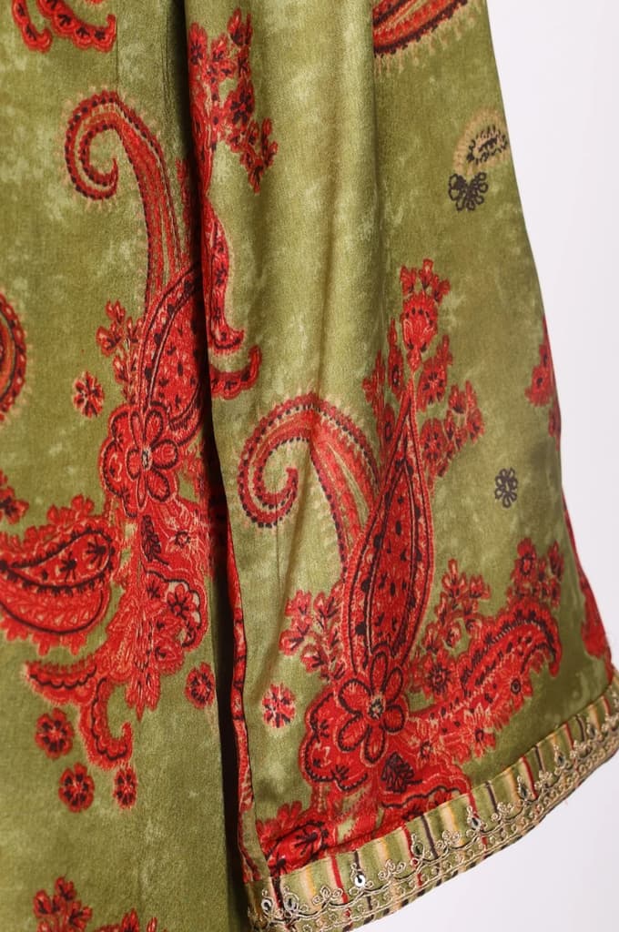 Olive Sequins Paisley Printed Straight Satin Kurta with Straight Pants and Dupatta Set — photo 7