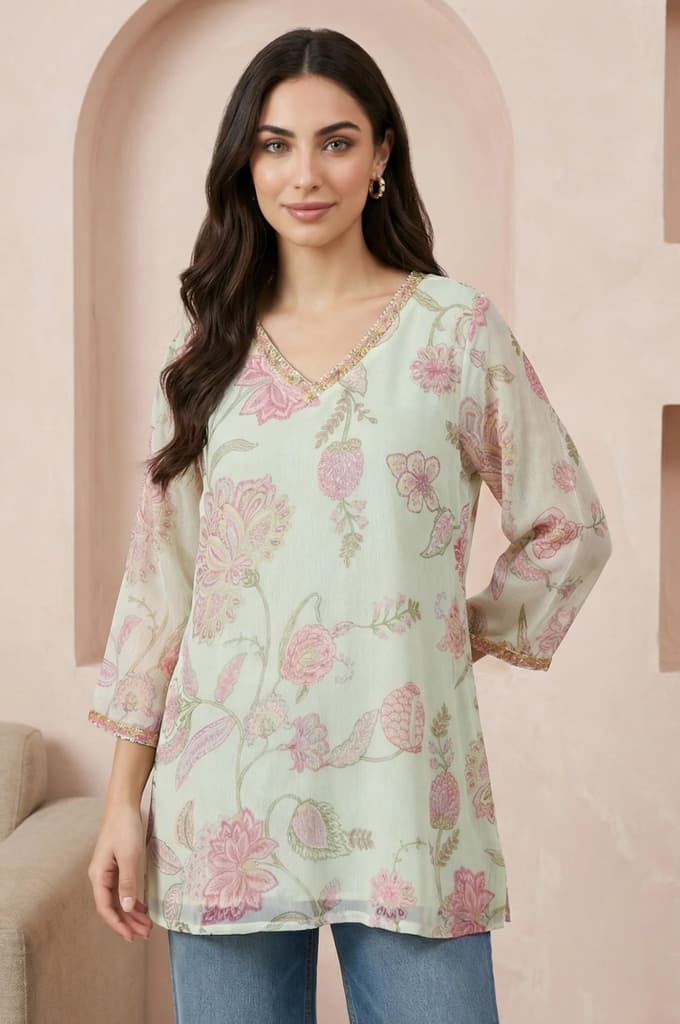 Green Embroidered Chiffon Straight Top — photo 6