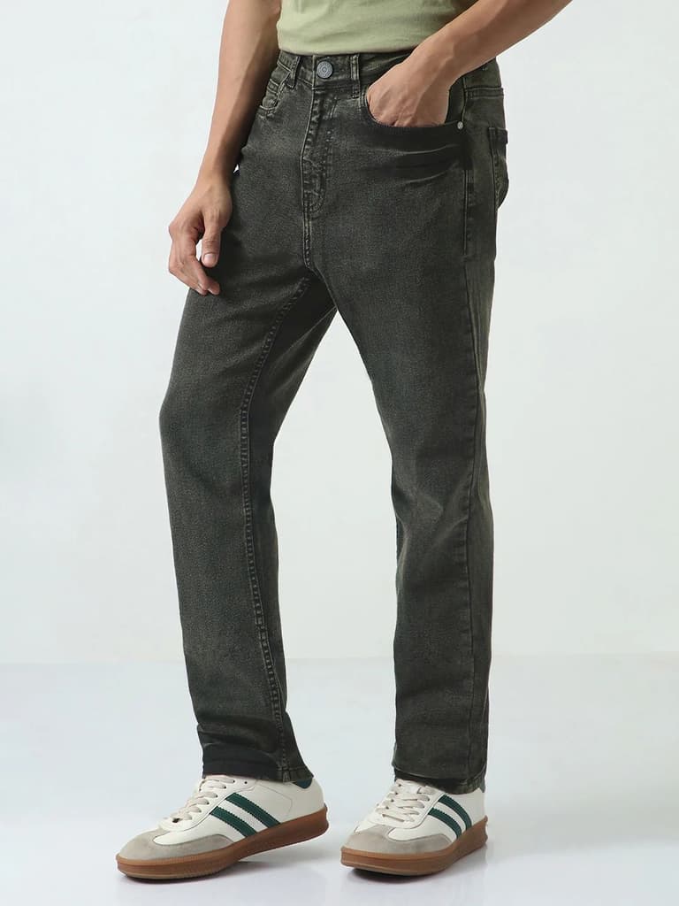 Men's Black Straight Fit Heavy Washed Jeans Stretchable — photo 2