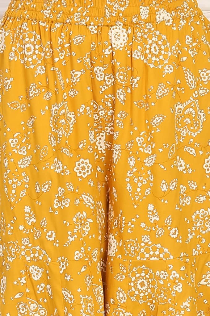 Mango Yellow Floral Printed Embroidered Neck Flared Kurta, Sharara and Dupatta Set — photo 7