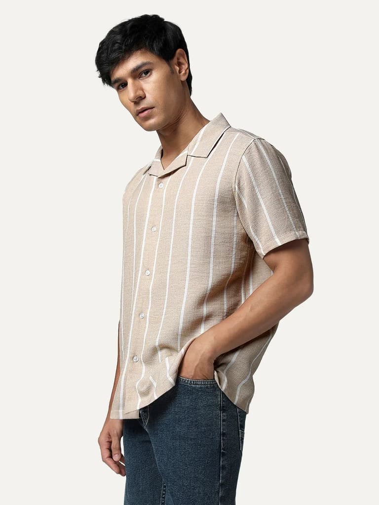 Men's Beige Cotton Half Sleeve Relaxed Fit Linen Striped Shirt with Cuban Collar — photo 3