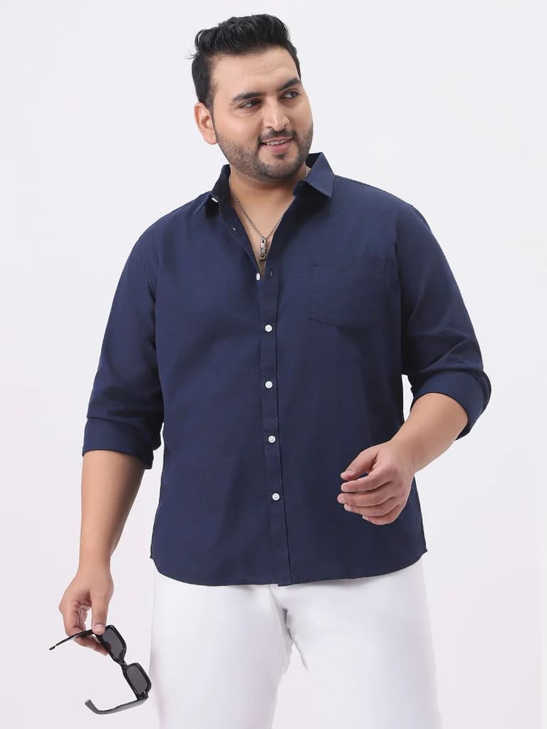 Plus Men's Navy Cotton Full Sleeve Regular Fit Casual Solid Slub Shirt with Spread Collar — XXL / Navy