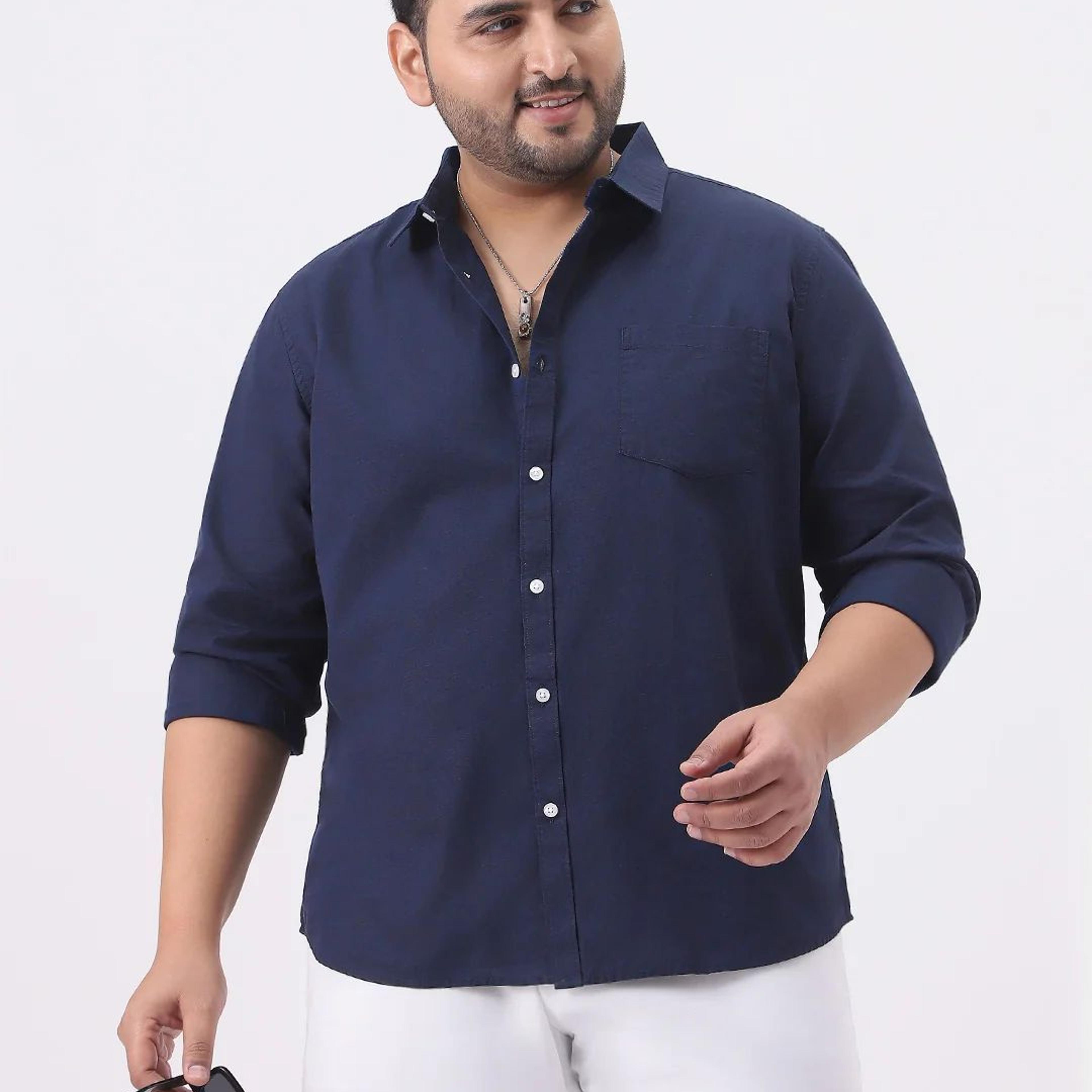 Plus Men's Navy Cotton Full Sleeve Regular Fit Casual Solid Slub Shirt with Spread Collar