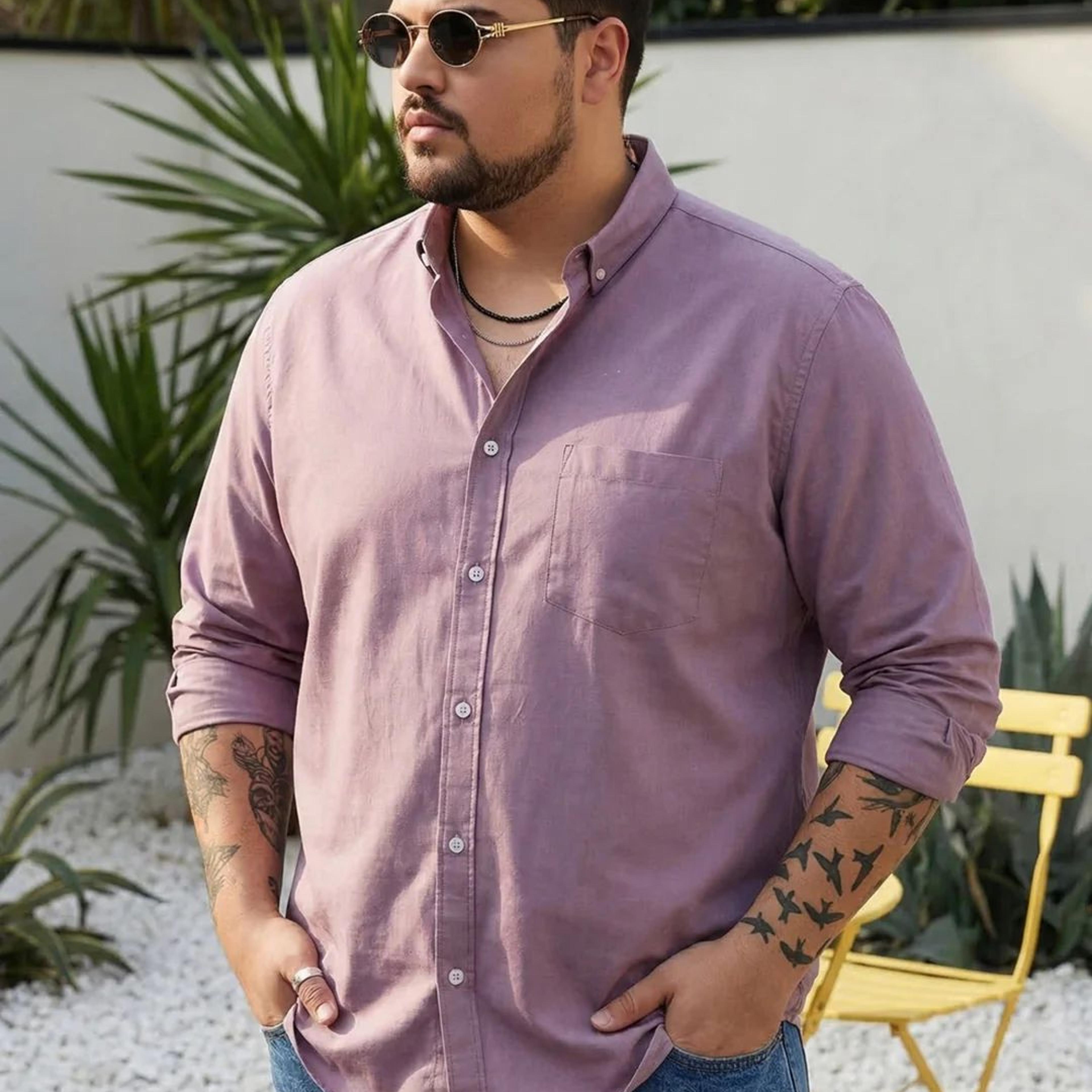 Plus Men's Lilac Cotton Full Sleeve Regular Fit Solid Oxford Shirt With Button-Down Collar