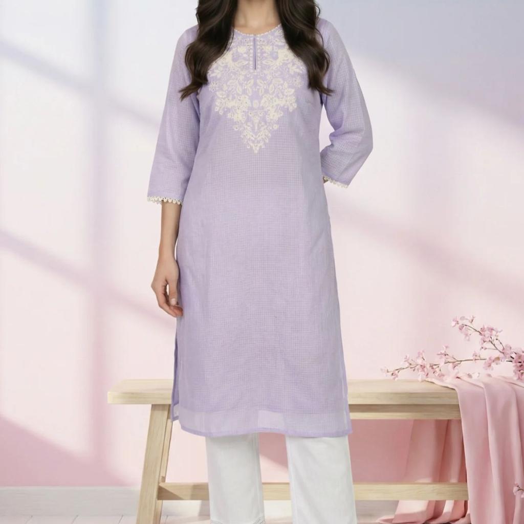 Lavender Thread Embroidered Kota Straight Kurta