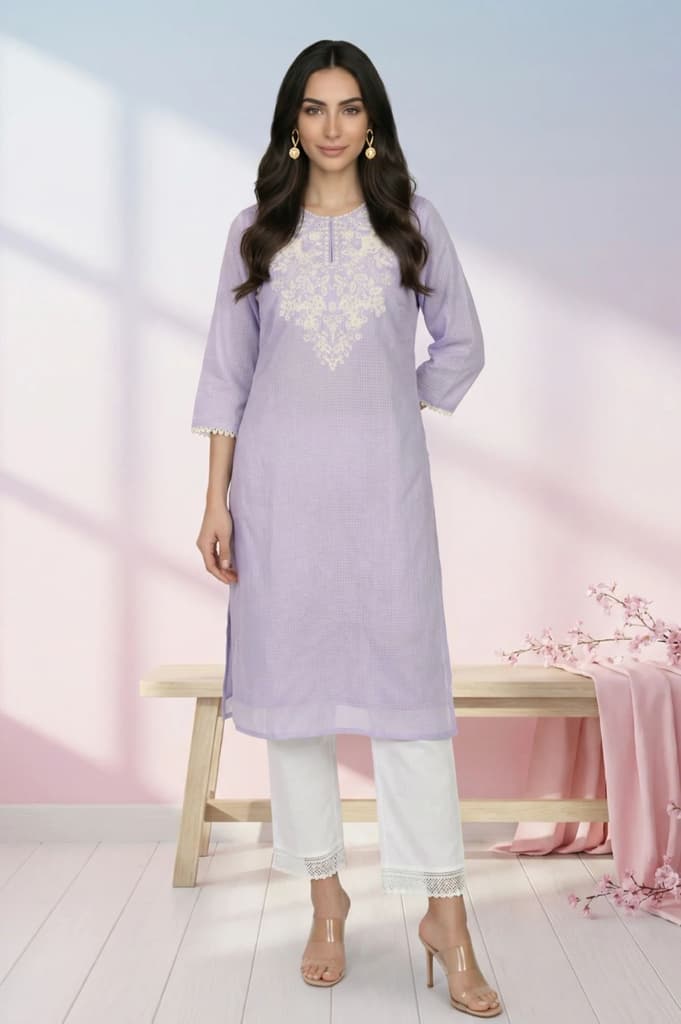Lavender Thread Embroidered Kota Straight Kurta — XS