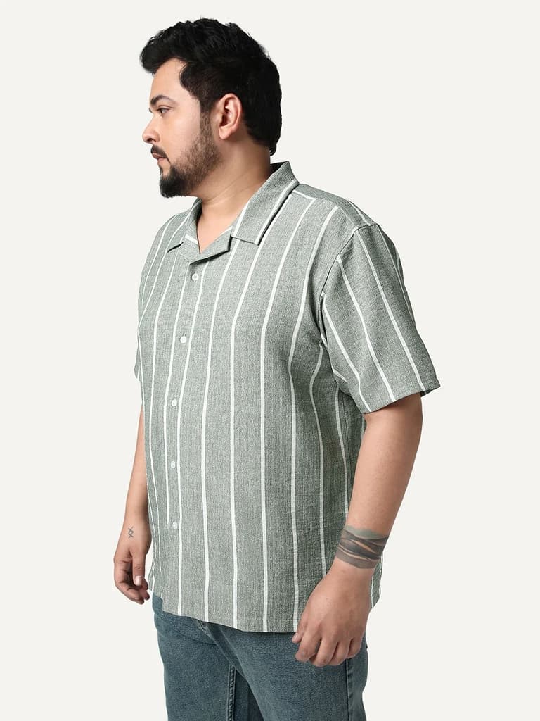 Plus Men's Steel Cotton Half Sleeve Relaxed Fit Linen Striped Shirt with Cuban Collar — photo 2