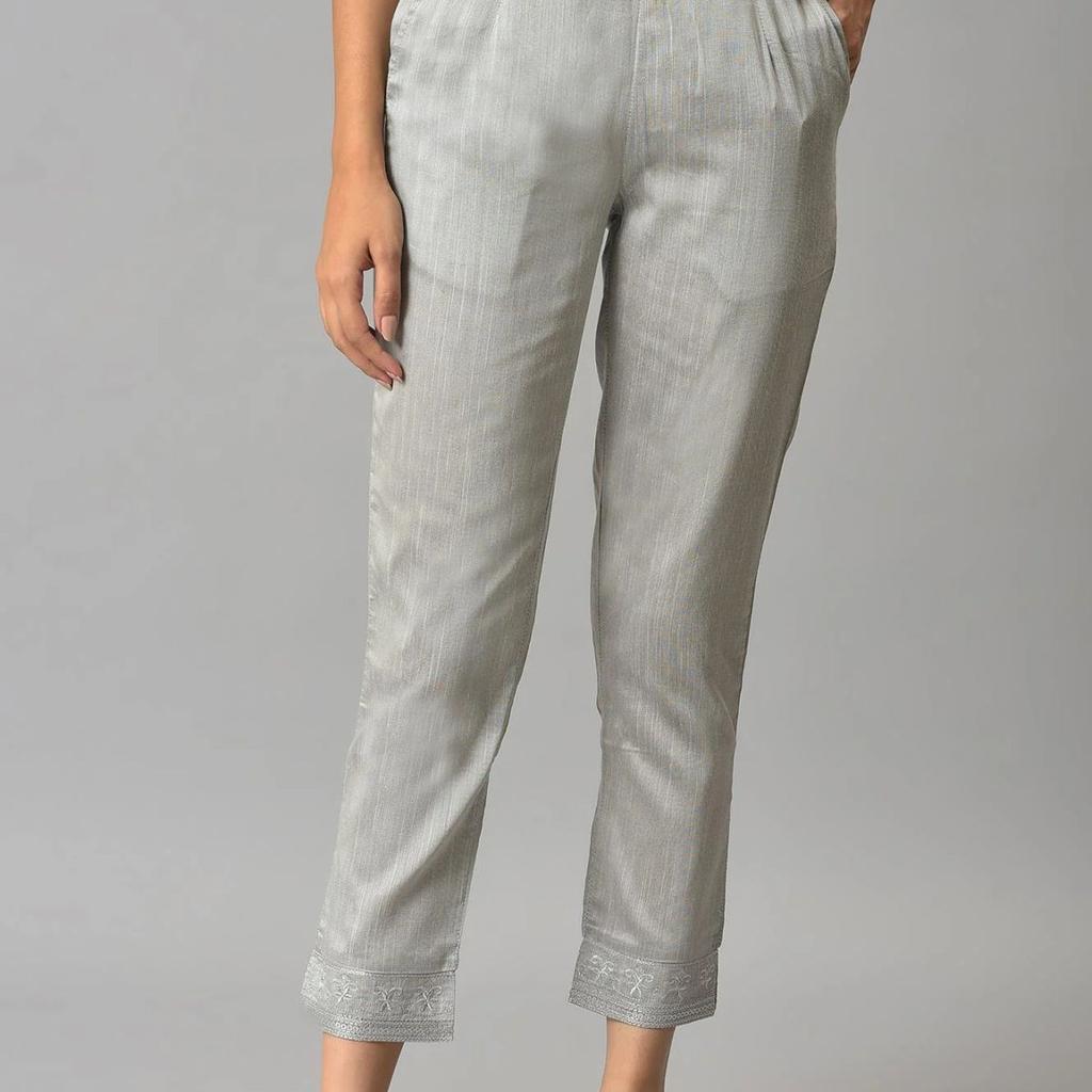 Grey Floral Embroidered Straight Fit Woven Pants With Elasticated Waist