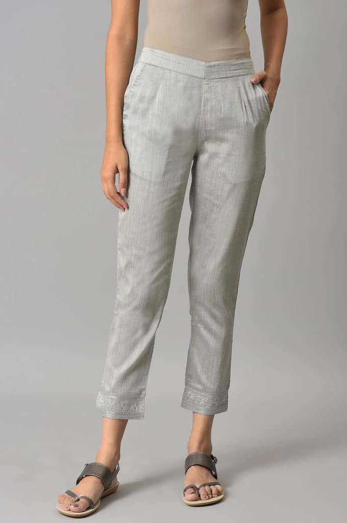 Grey Floral Embroidered Straight Fit Woven Pants With Elasticated Waist