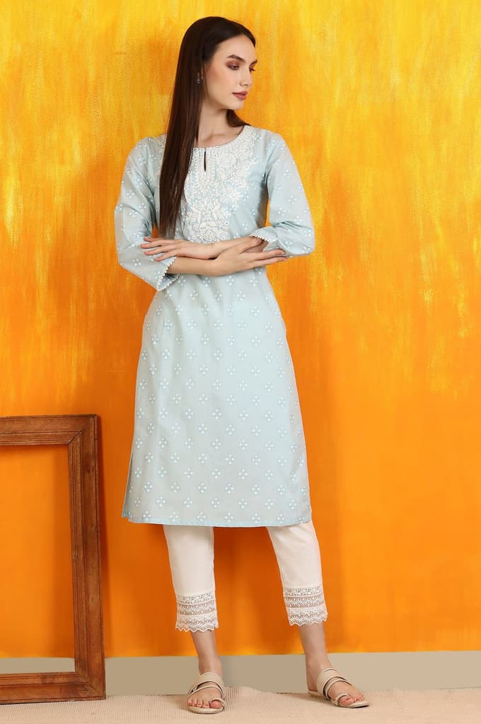 Light Blue Printed Pure Cotton Straight Kurta with Embroidery — photo 2