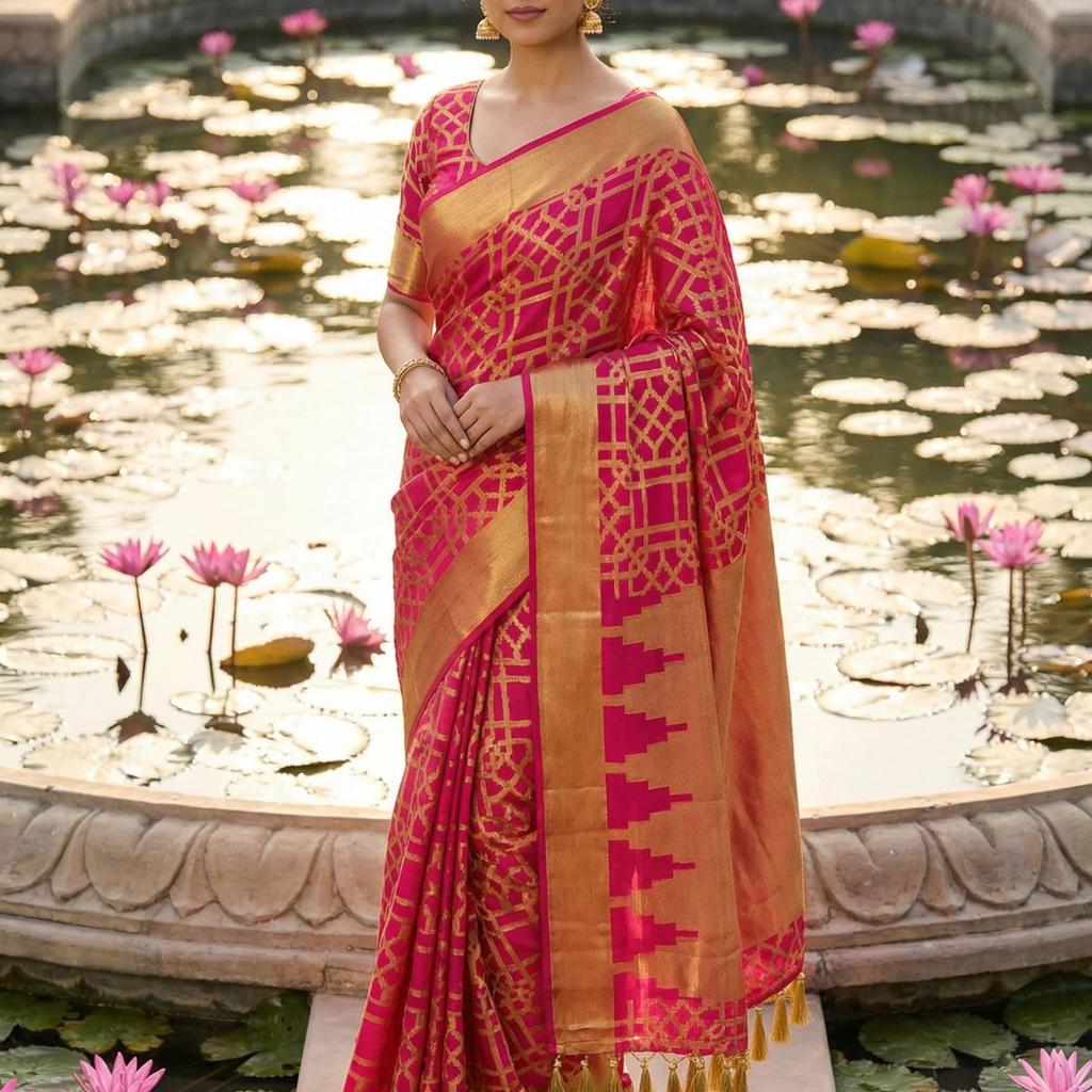 MIMOSA Women's Woven Design Banarasi Style Art Silk Saree with Blouse Piece - Rani ( SA00003121RNFREE )