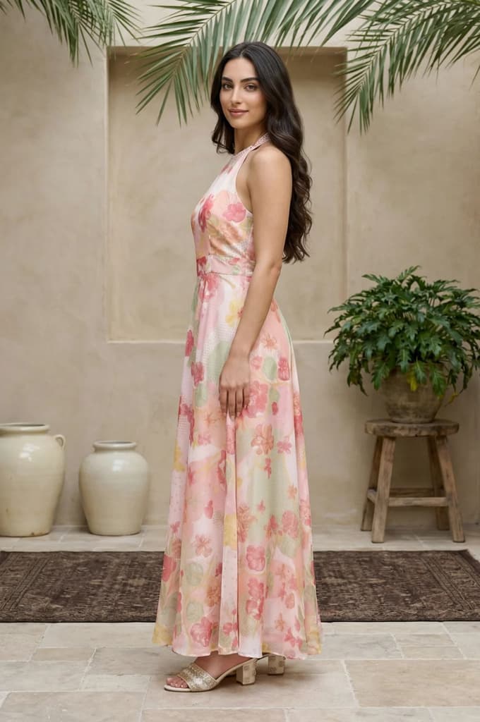 Pink Floral Printed Flared Dress with Dupatta Set — photo 3